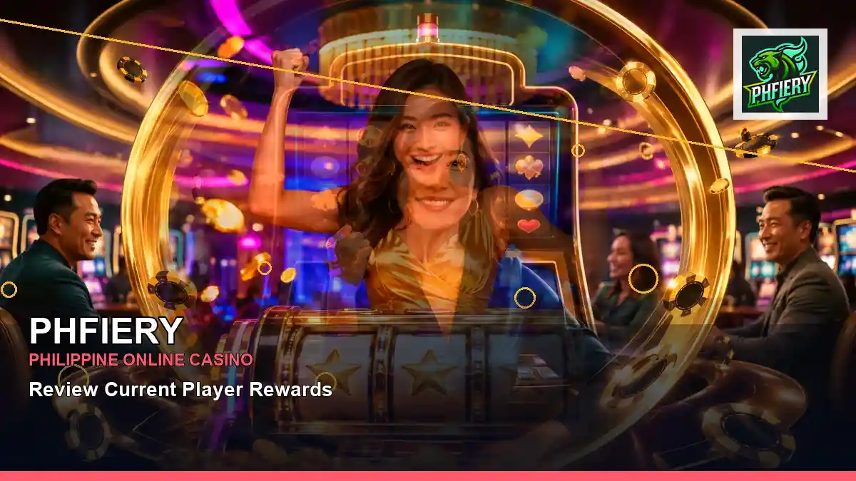 PHFIERY Philippines casino guide with centered gold jackpot slot games and an adult Filipina casino host